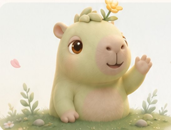 Barnaby, a soft green capybara with a yellow flower on his head, waving